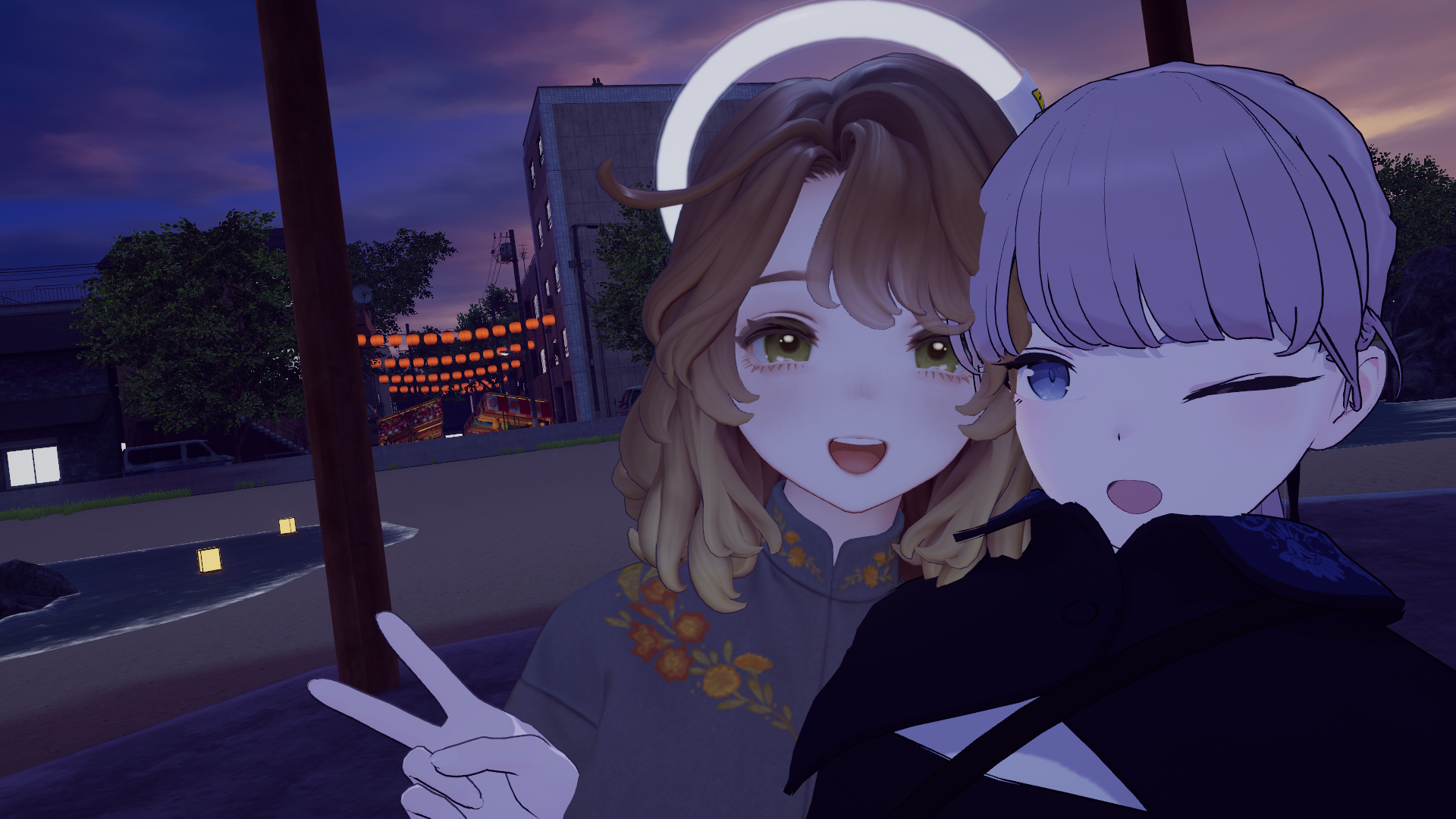 Three VRChat avatars together at a meetup